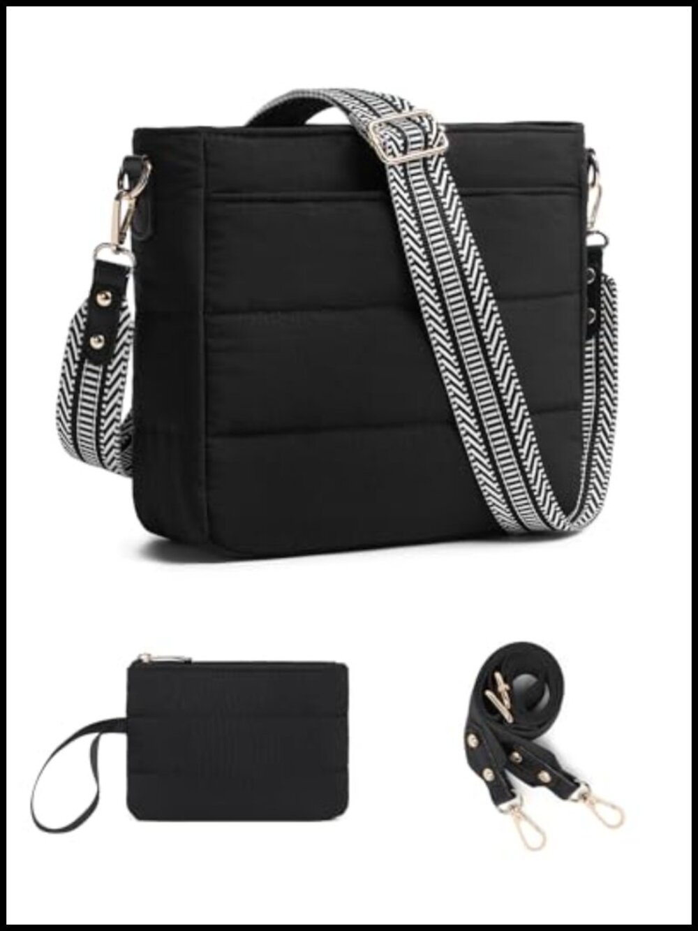 Quilted Puffer Crossbody Hobo Bag Set with Guitar Strap